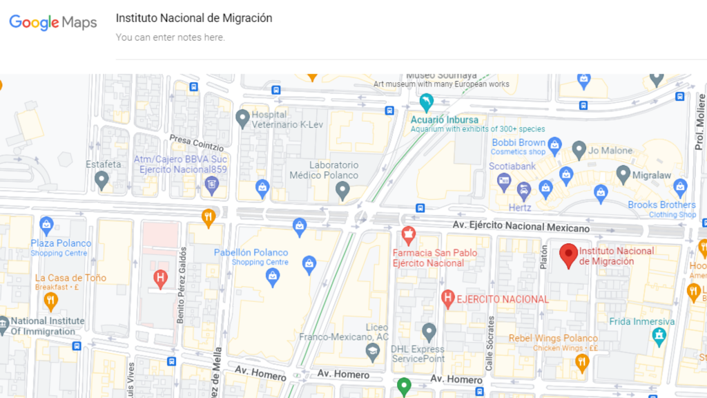 Google map indicating Mexico CIty Immigration office
